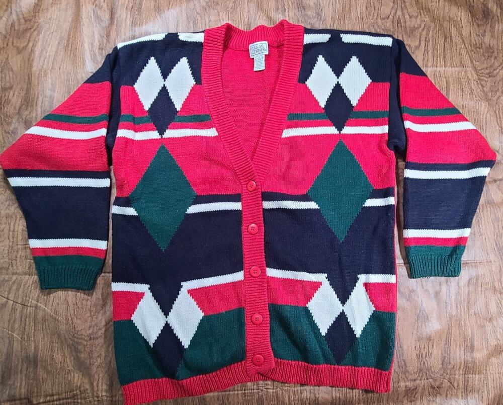 Vintage Casual Corner Sweater Womens Med Knit Colorful Geo Preppy Granny